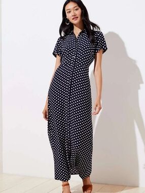 LOFT Navy Patterned Shirt Dress - Maxi - 00